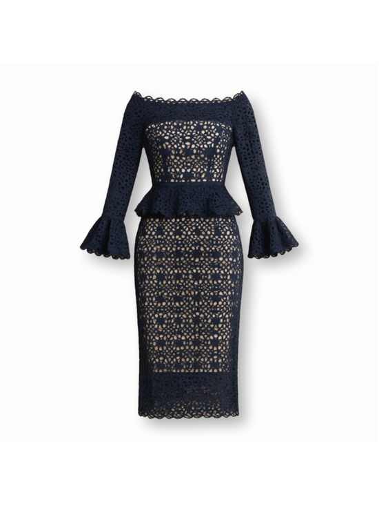 Monique Lhuillier Dresses & Skirts - Monique Lhuillier Navy Lace Peplum Long Sleeve Evening Dress Size 10